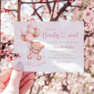 Pink Watercolor Boho Teddy Bear Girl Baby Shower Invitation