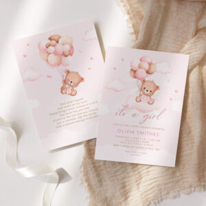 Pink Watercolor Boho Teddy Bear Girl Baby Shower Invitation