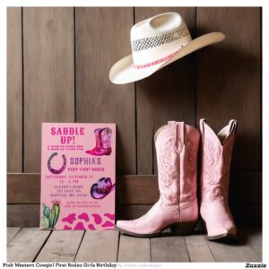 Pink Western Cowgirl First Rodeo Girls Birthday Invitation