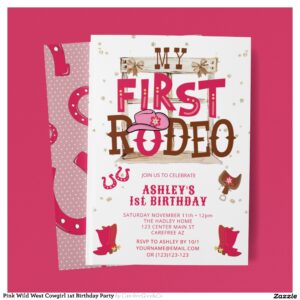 Pink Wild West Cowgirl 1st Birthday Party Invitation