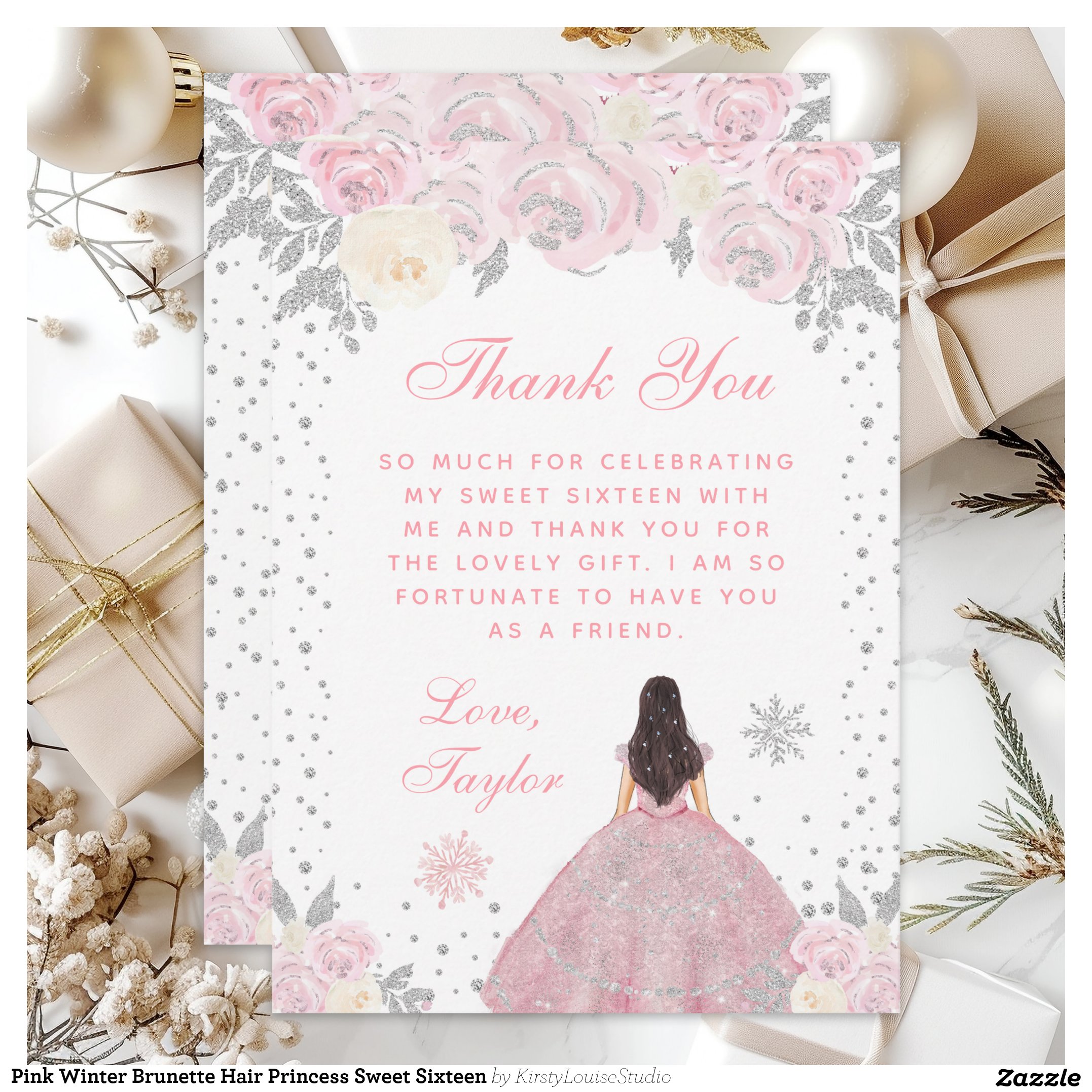 Pink Winter Brunette Hair Princess Sweet Sixteen Thank You Card