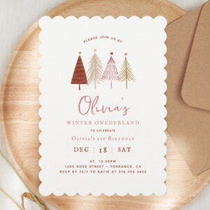 Pink Winter Onderland Girl 1st Birthday Invitation