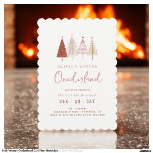 Pink Winter Onderland Girl First Birthday Invitation