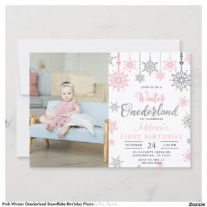 Pink Winter Onederland Snowflake Birthday Photo Invitation