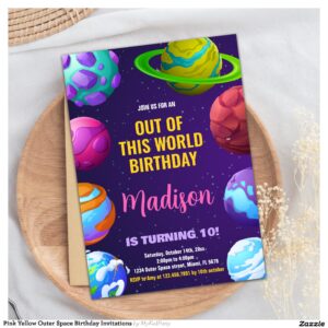 Pink Yellow Outer Space Birthday Invitations