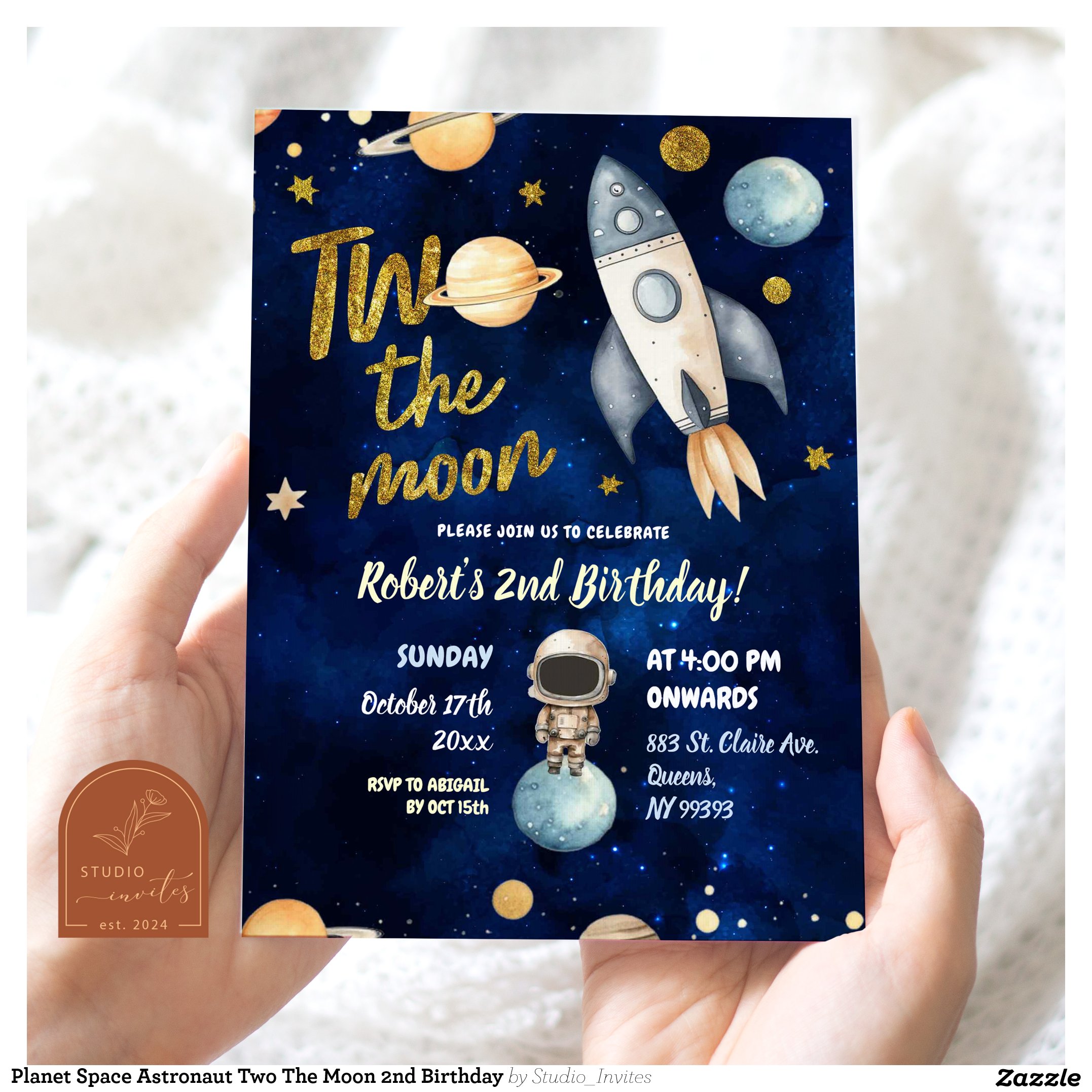 Planet Space Astronaut Two The Moon 2nd Birthday Invitation