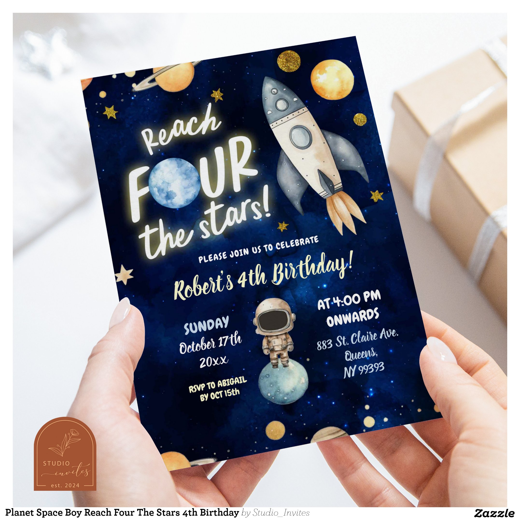 Planet Space Boy Reach Four The Stars 4th Birthday Invitation
