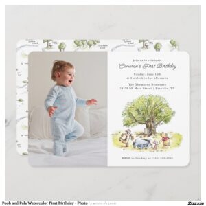 Pooh and Pals Watercolor First Birthday - Photo Invitation
