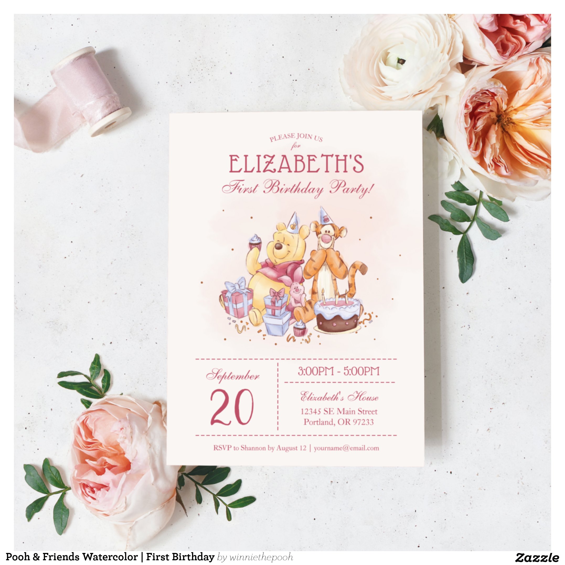 Pooh & Friends Watercolor First Birthday Invitation