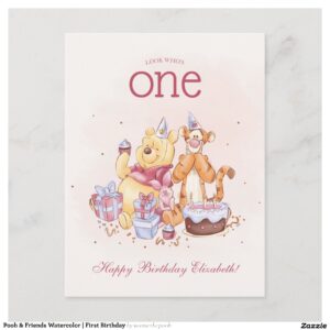 Pooh & Friends Watercolor First Birthday Postcard