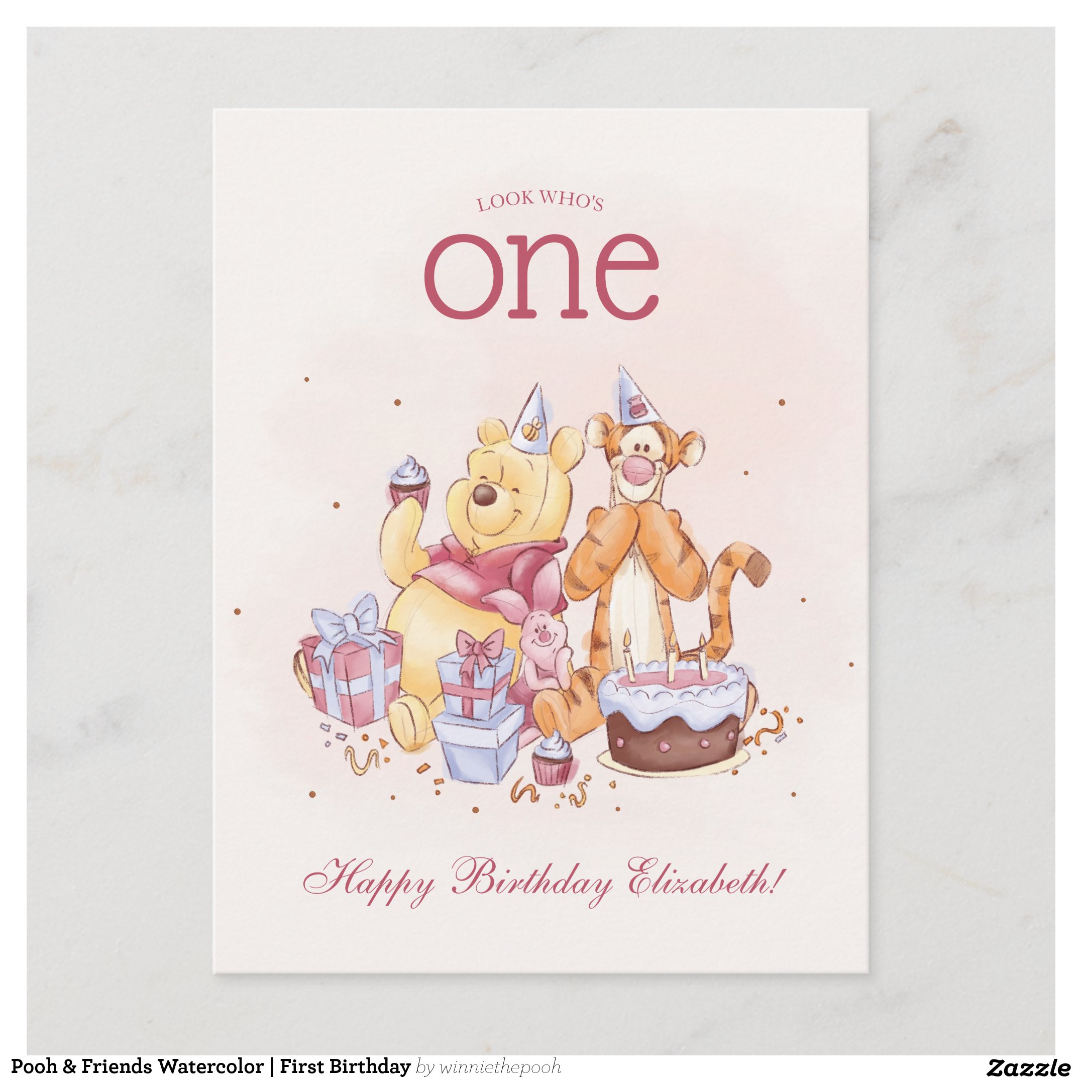 Pooh & Friends Watercolor First Birthday Postcard