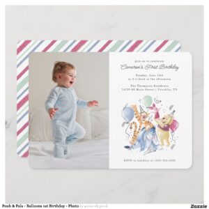 Pooh & Pals - Balloons 1st Birthday - Photo Invitation