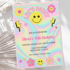 Preppy Pastel Pink Y2K Happy Face Party Birthday Invitation