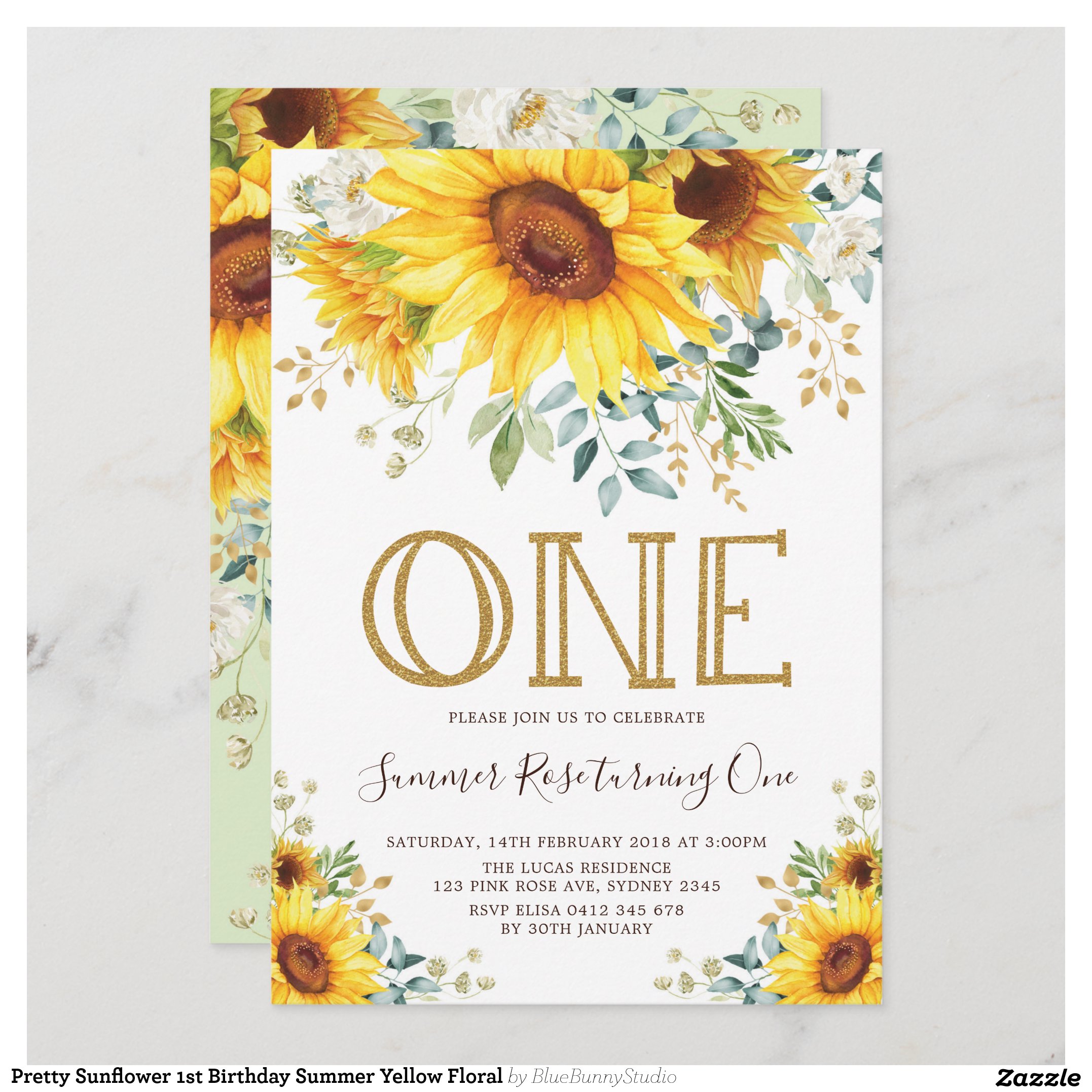Pretty Sunflower 1st Birthday Summer Yellow Floral Invitation