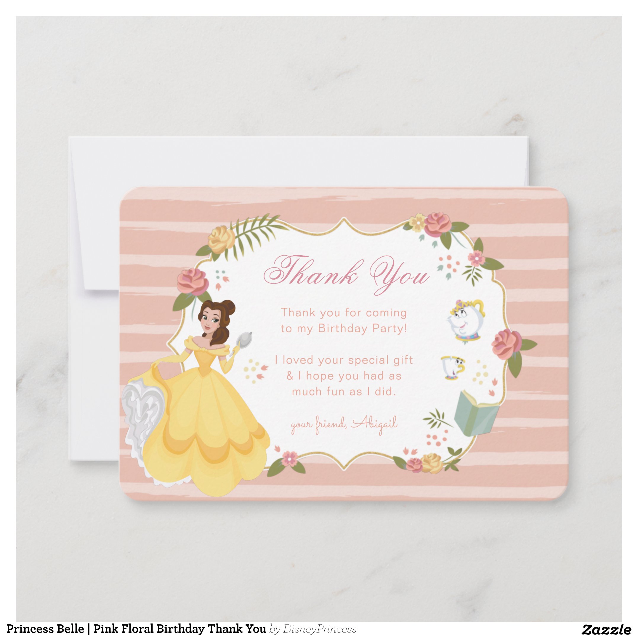 Princess Belle Pink Floral Birthday Thank You Invitation