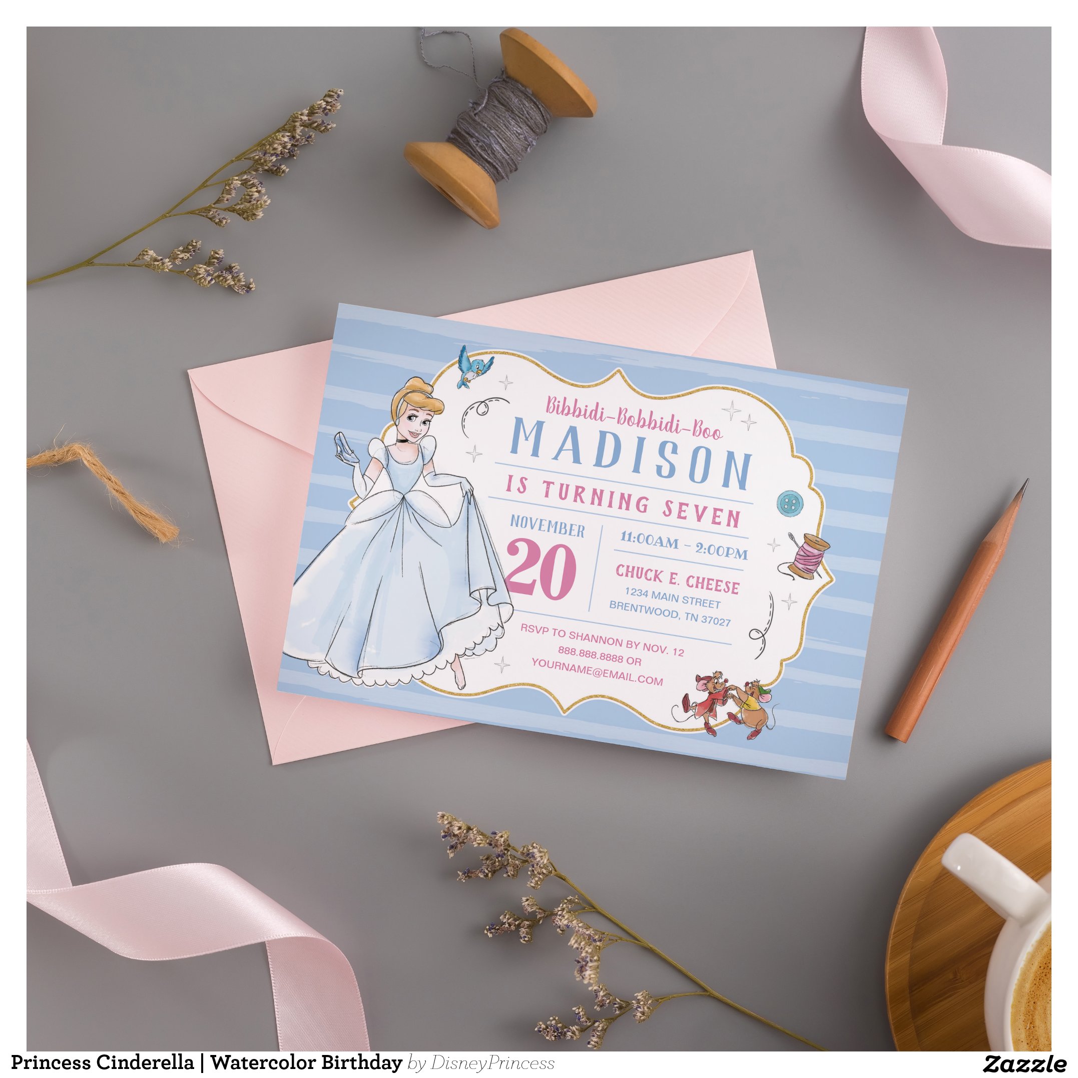 Princess Cinderella Watercolor Birthday Invitation