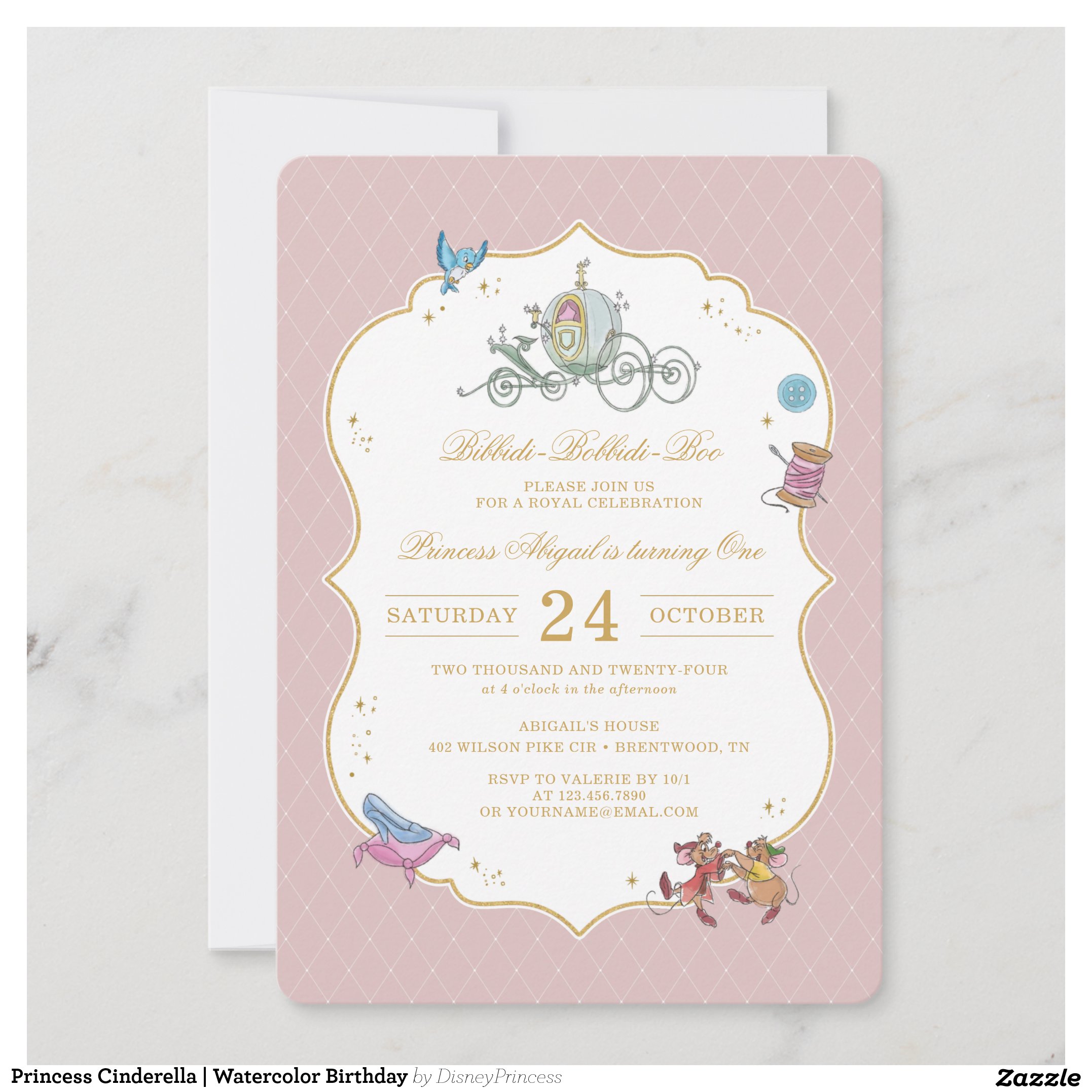 Princess Cinderella Watercolor Birthday Invitation