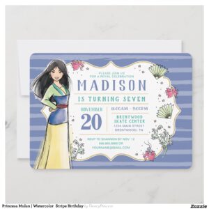 Princess Mulan Watercolor Stripe Birthday Invitation