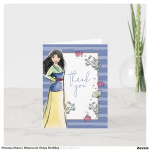 Princess Mulan Watercolor Stripe Birthday Thank You Card