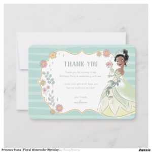 Princess Tiana Floral Watercolor Birthday Thank You Card