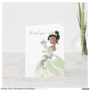 Princess Tiana Floral Watercolor Birthday Thank You Card
