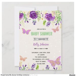 Purple butterfly shower birthday invitation