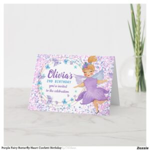 Purple Fairy Butterfly Heart Confetti Birthday Invitation