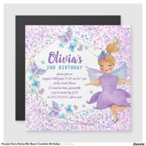 Purple Fairy Butterfly Heart Confetti Birthday Magnetic Invitation