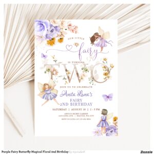 Purple Fairy Butterfly Magical Floral 2nd Birthday Invitation