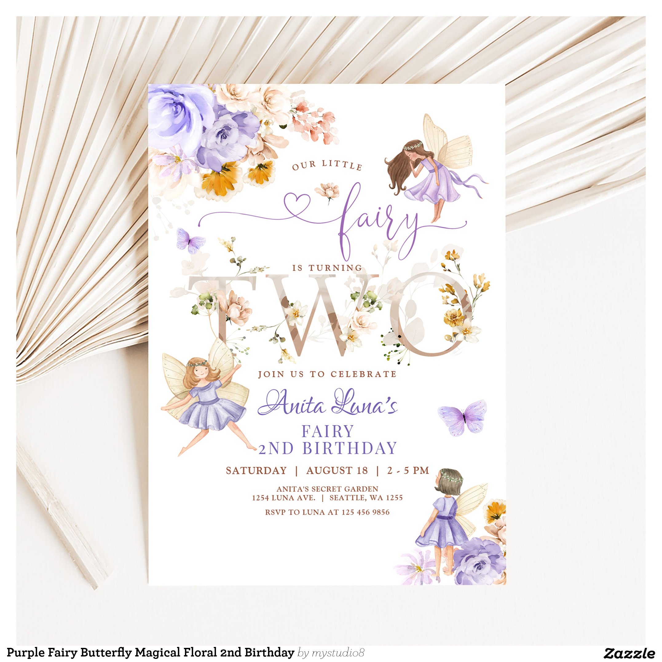Purple Fairy Butterfly Magical Floral 2nd Birthday Invitation
