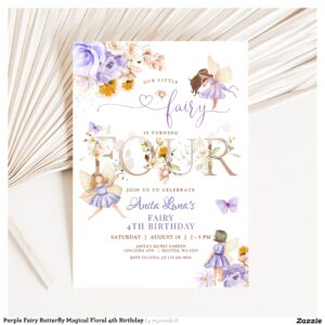 Purple Fairy Butterfly Magical Floral 4th Birthday Invitation