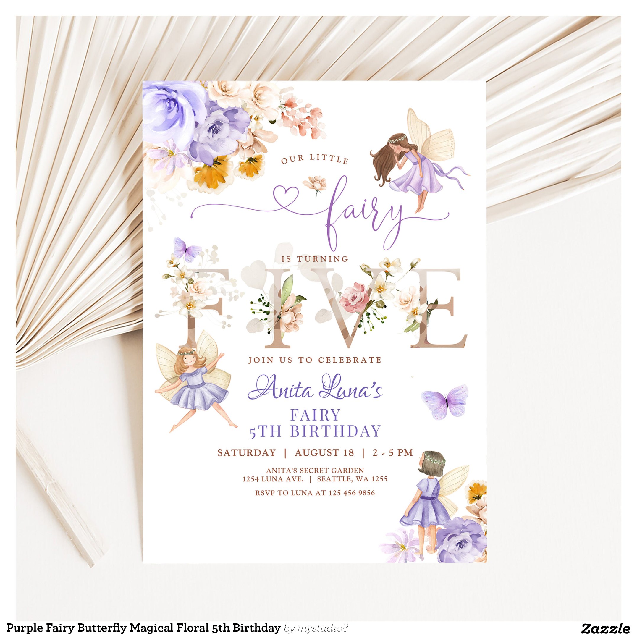 Purple Fairy Butterfly Magical Floral 5th Birthday Invitation
