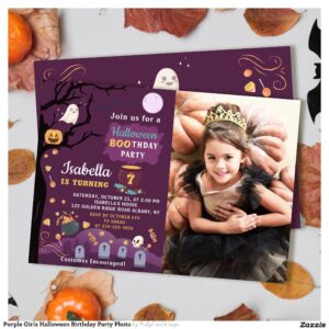 Purple Girls Halloween Birthday Party Photo Invitation