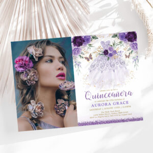 Purple Lilac Quincea?era Princess Dress Butterfly Invitation