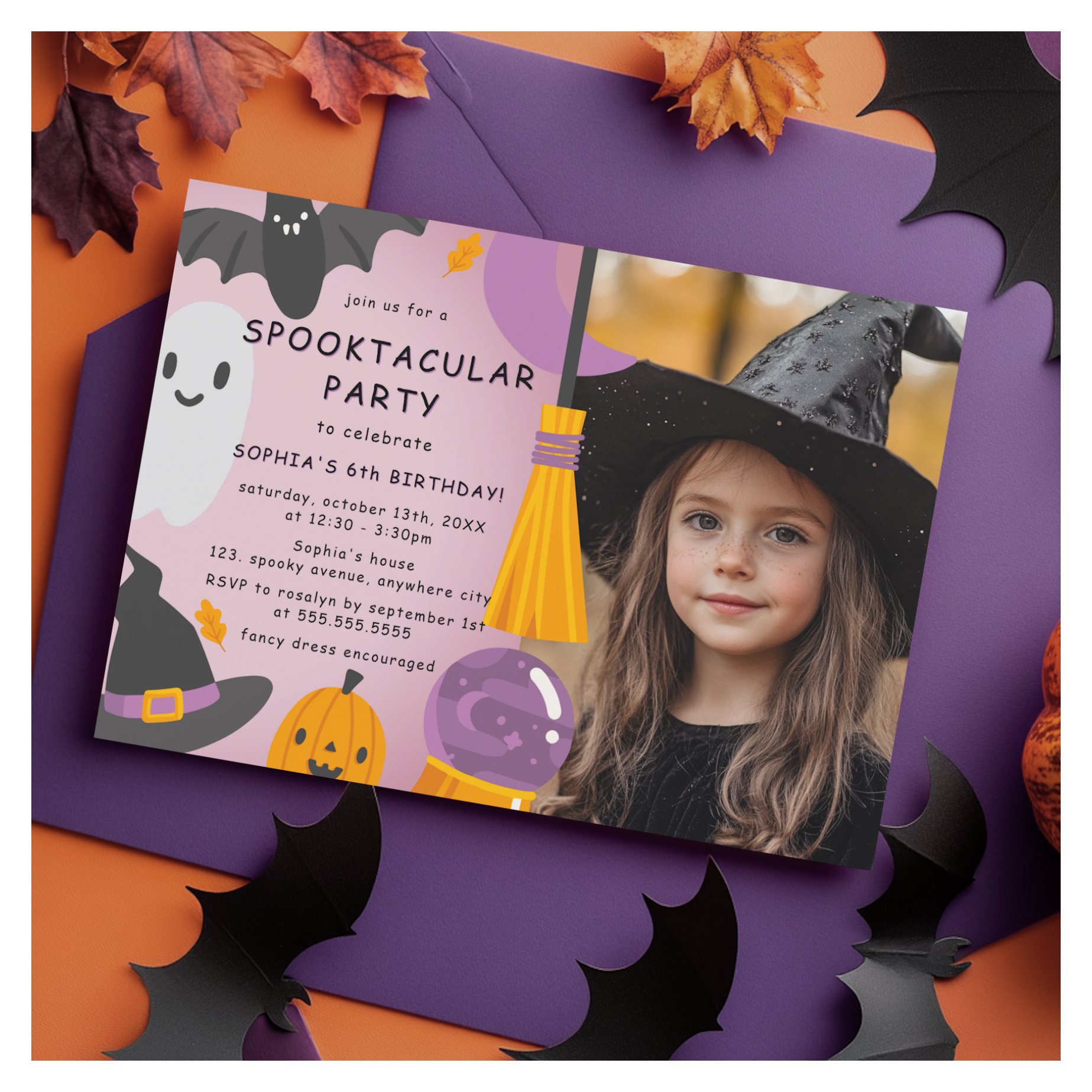 Purple Orange Cute Halloween Kids Birthday Photo Invitation