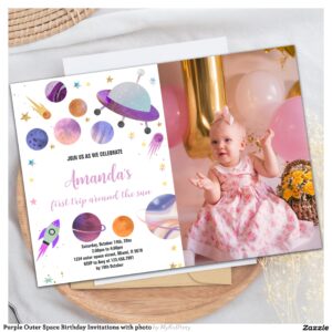 Purple Outer Space Birthday Invitations with photo
