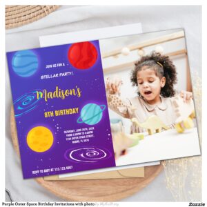 Purple Outer Space Birthday Invitations with photo