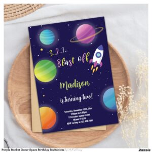 Purple Rocket Outer Space Birthday Invitations