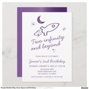 Purple Rocket Ship Outer Space 2nd Birthday Invitation