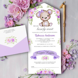 Purple Watercolor Floral Teddy Bear Baby Shower All In One Invitation