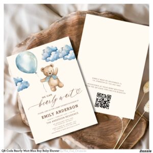 QR Code Bearly Wait Blue Boy Baby Shower Invitation