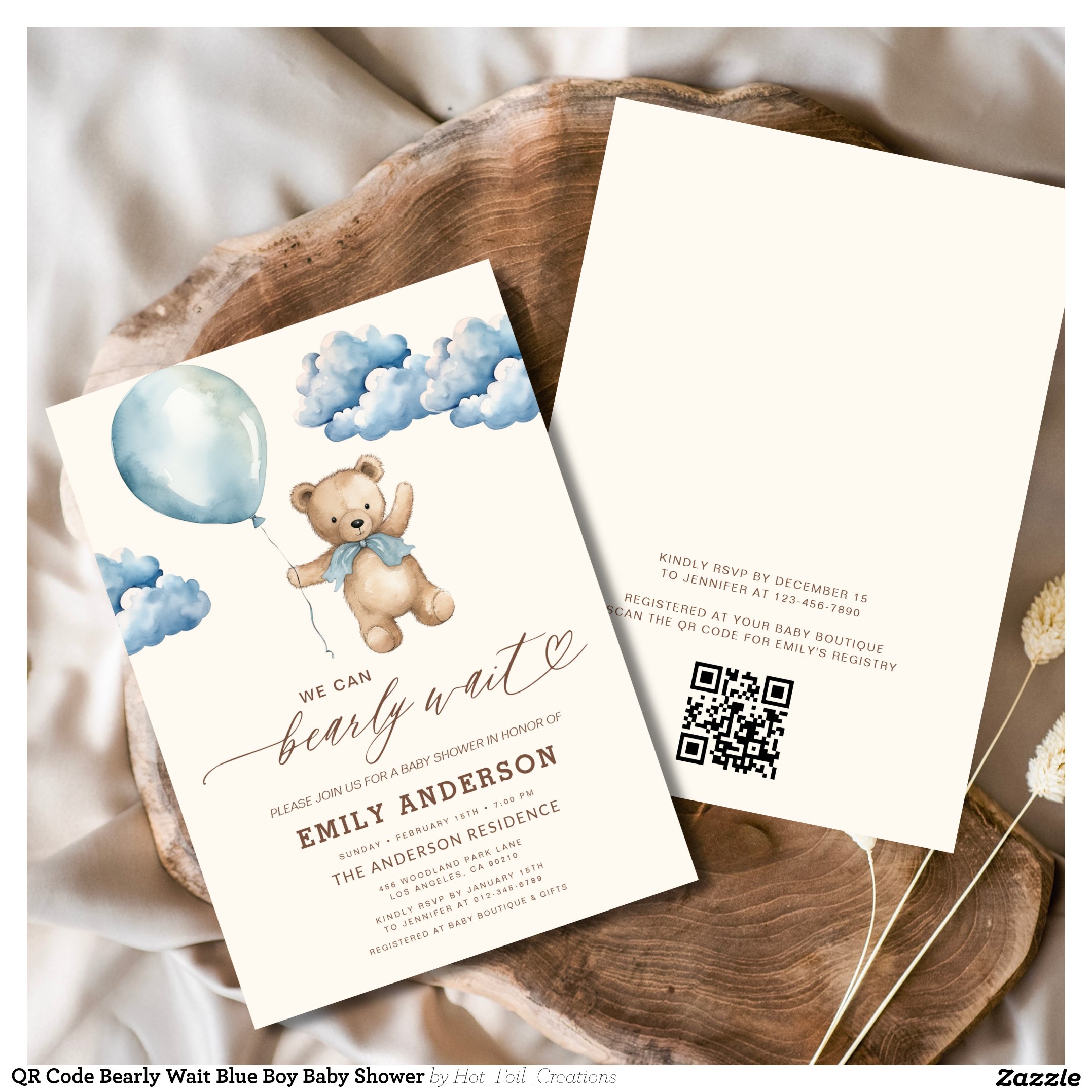 QR Code Bearly Wait Blue Boy Baby Shower Invitation
