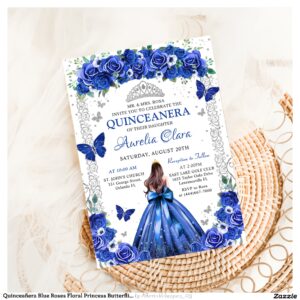 Quincea?era Blue Roses Floral Princess Butterflies Invitation