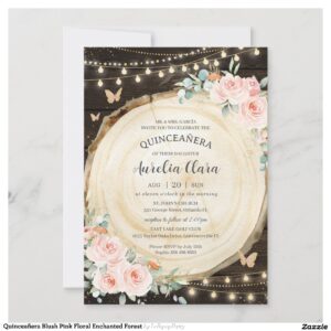 Quincea?era Blush Pink Floral Enchanted Forest Invitation