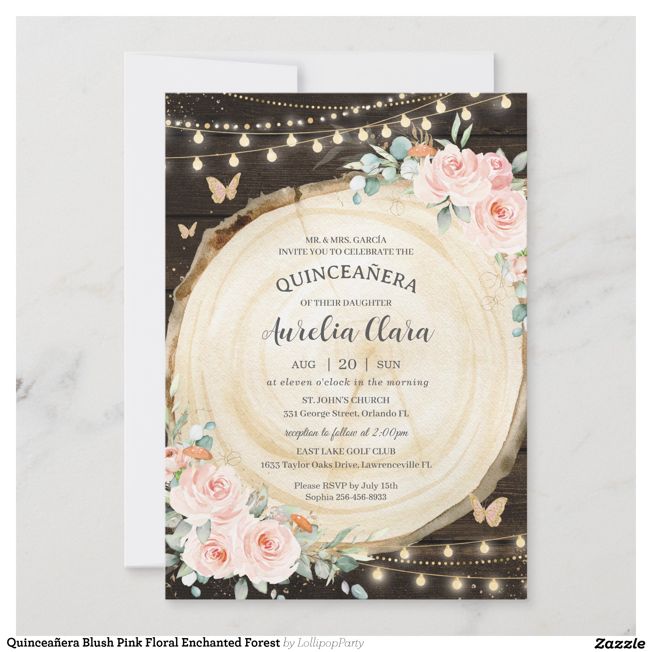 Quincea?era Blush Pink Floral Enchanted Forest Invitation