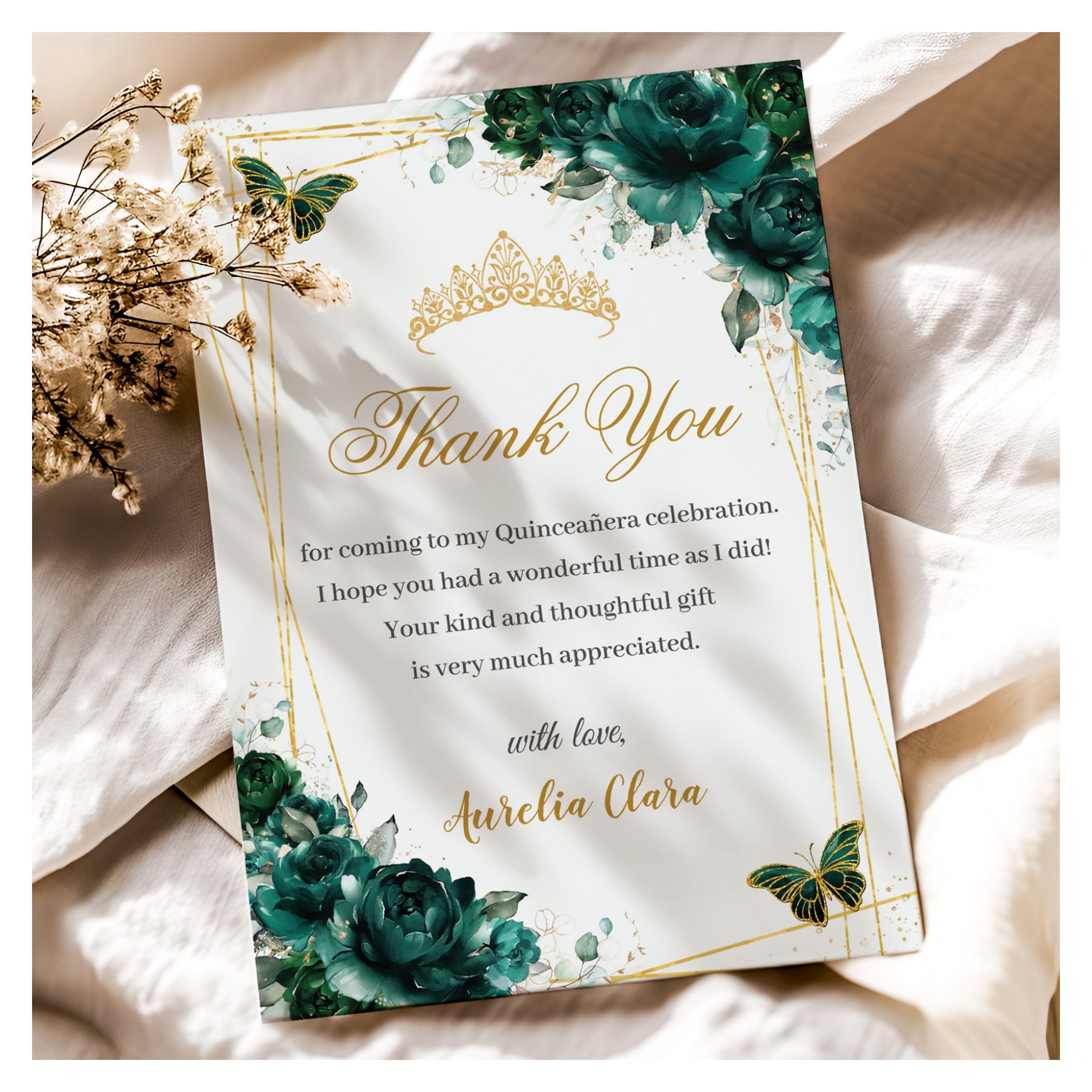 Quincea?era Emerald Green Floral Gold Butterflies Thank You Card