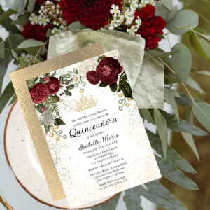 Quincea?era Glam Burgundy Rose Floral Birthday Invitation