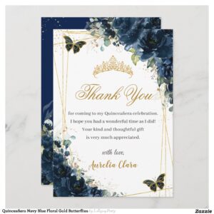 Quincea?era Navy Blue Floral Gold Butterflies Thank You Card