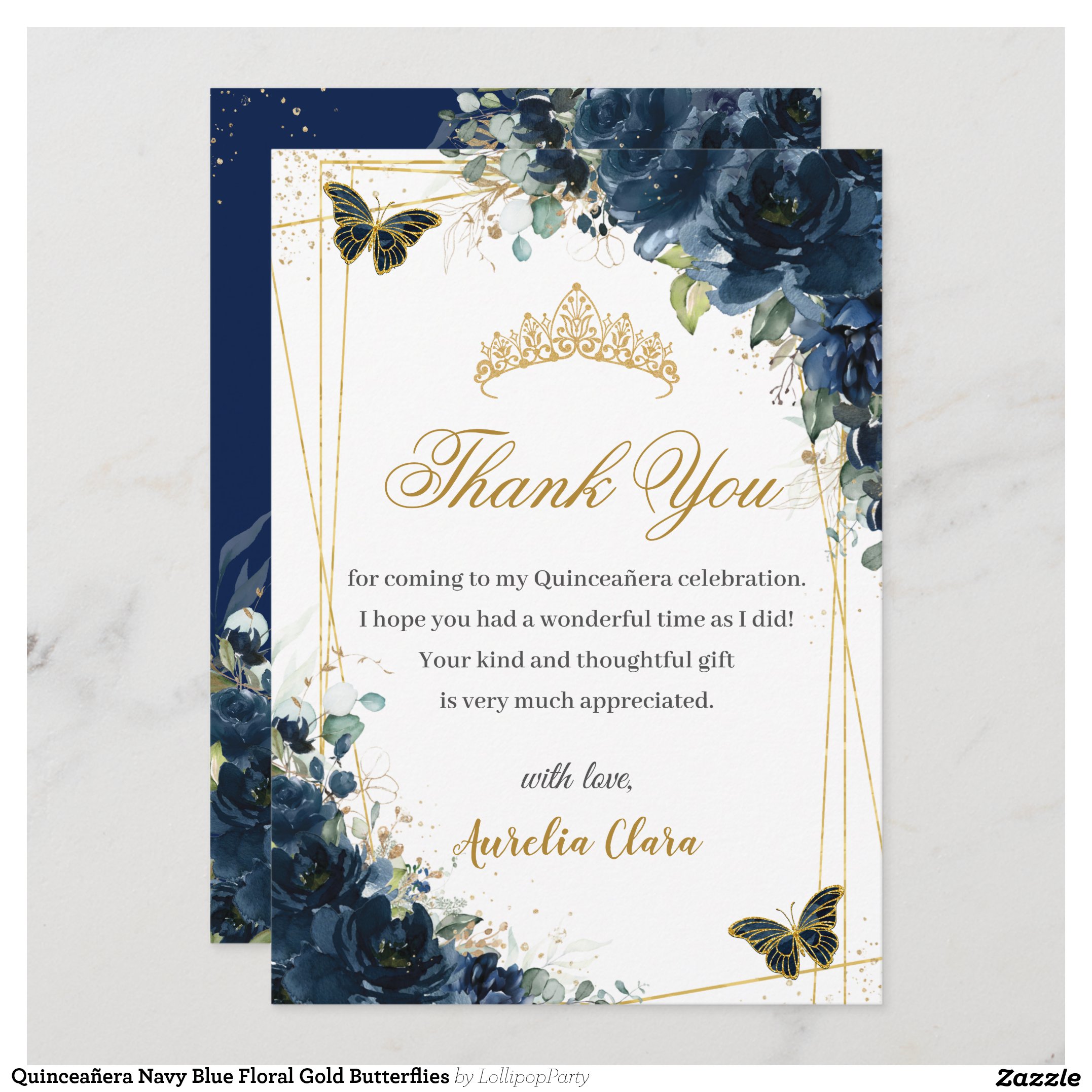 Quincea?era Navy Blue Floral Gold Butterflies Thank You Card