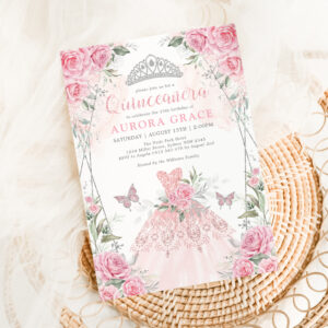 Quincea?era Princess Dress Pink Silver Floral Invitation
